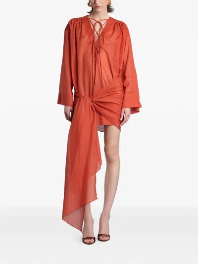 The Andamane Indira Lace-up Knotted-drape Mini Dress In Orange