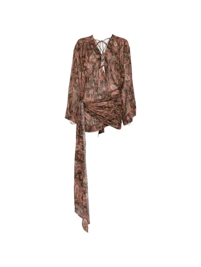 The Andamane Indira Paisley-print Lace-fastening Mini Dress In Brown