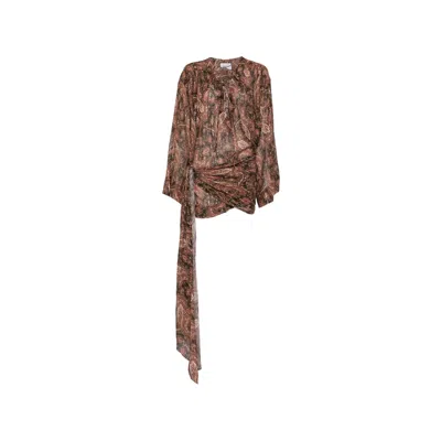The Andamane Indira Paisley-print Lace-fastening Mini Dress In Brown