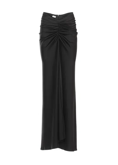 The Andamane Iris Satin Maxi Skirt With Gathered Drape Detail In Black
