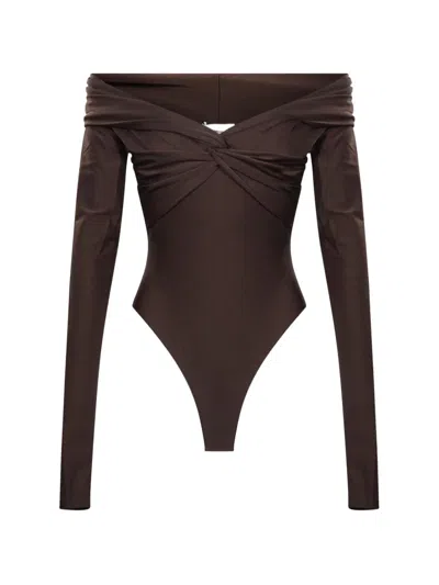 The Andamane Kendall Twist-detail Off-shoulder Bodysuit In Brown