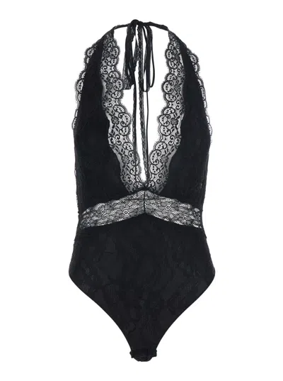The Andamane Lace & Tech Fabric Patchwork V-neck Bodysuit With Slim Fit In Black