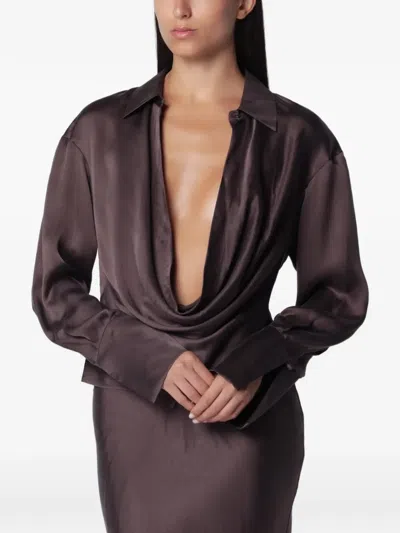 The Andamane Deep Neckline Rouge Noir Satin Shirt In Burgundy
