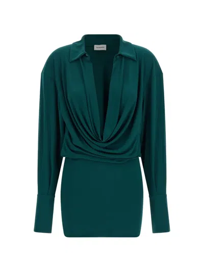 The Andamane Lilia Collared Draped Front Long Sleeve Top In Green