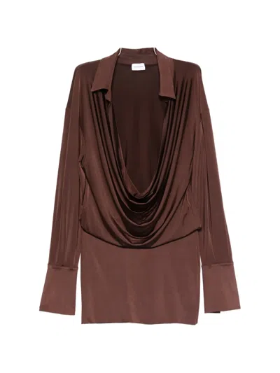 The Andamane Lilia Draped-front Collared Mini Dress In Brown