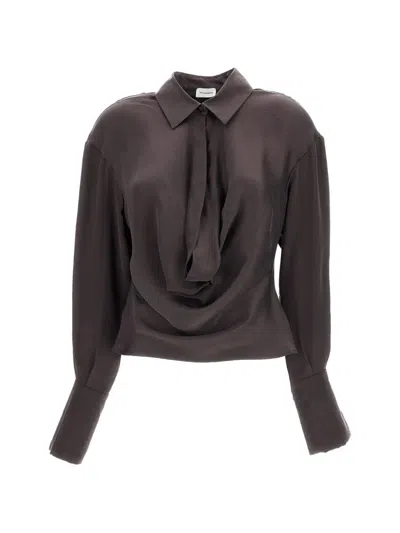 The Andamane Lilia Draped-neck Long-sleeve Blouse In Brown