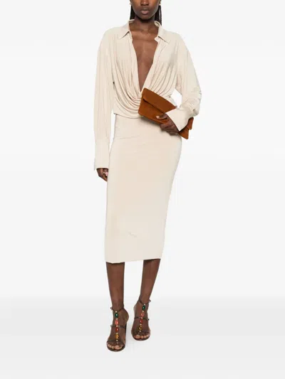 The Andamane Lilia Draped-neck Long-sleeve Dress In Neutral