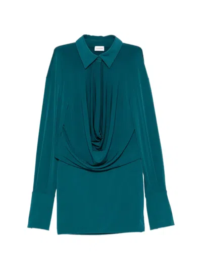 The Andamane Pointed Collar Deep V-neck Dress With Oversized Button Cuffs In Blue