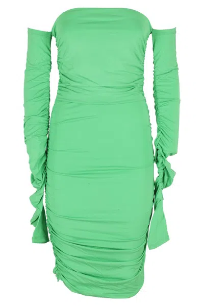 The Andamane Off-shoulder Draped Green Mini Dress By