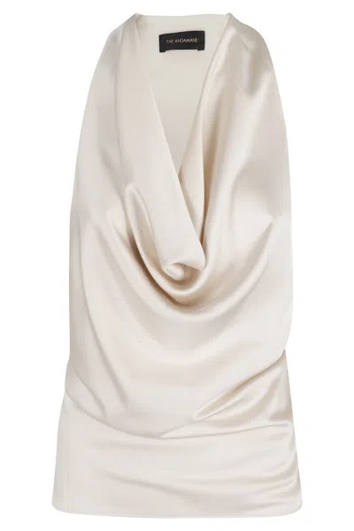 The Andamane Liquid Satin Racerback Top With Draped Front In Ivory