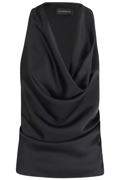 The Andamane Liquid Satin Racerback Top With Draped Neckline In Black