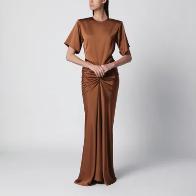 The Andamane Long Iris Dress In Bronze With Gathered Waist In Brown