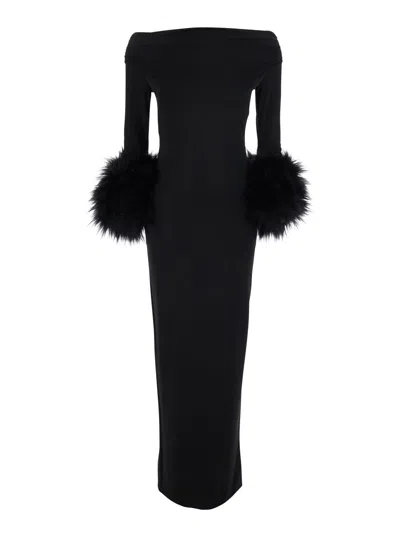 The Andamane Long Sleeve Long Dress With Synthetic Fur Trim In Black