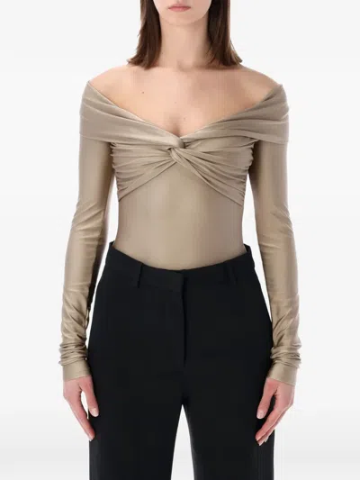 The Andamane Stretch Off-shoulder Draped Bodysuit In Neutral