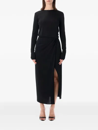 The Andamane Long-sleeves Slit Midi Dress In Black