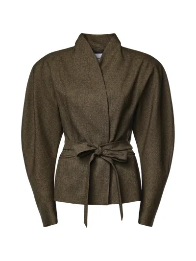 The Andamane Margaux Belted Puff-sleeve Jacket In Brown