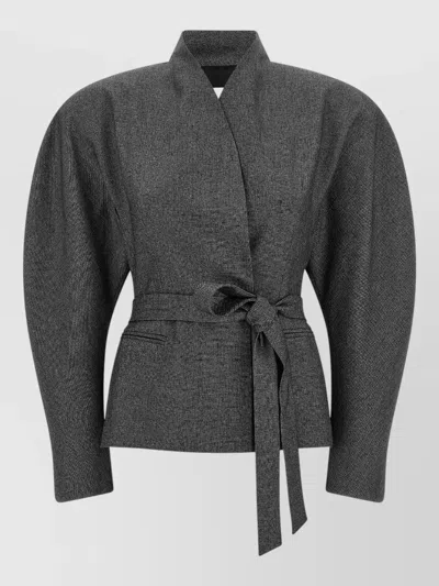The Andamane Margaux High Collar Belted Long Blazer In Gold