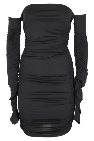 THE ANDAMANE THE ANDAMANE MINI DRESS WITH OFF-SHOULDER DESIGN AND DRAPED SIDES