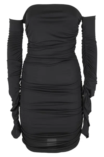 The Andamane Mini Dress With Off-shoulder Design And Draped Sides In Black