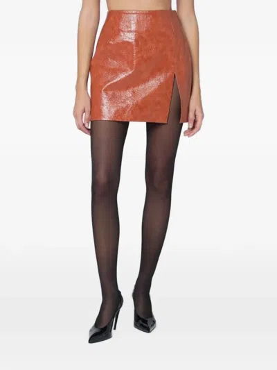 The Andamane Mini Split Leather Skirt In Brown