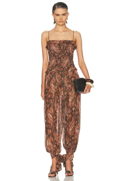 The Andamane Noor Wide Pant Smocked Jumpsuit In Brown