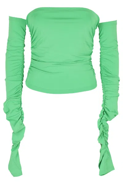 The Andamane Off-shoulder Green Draped Top With Long Sleeves