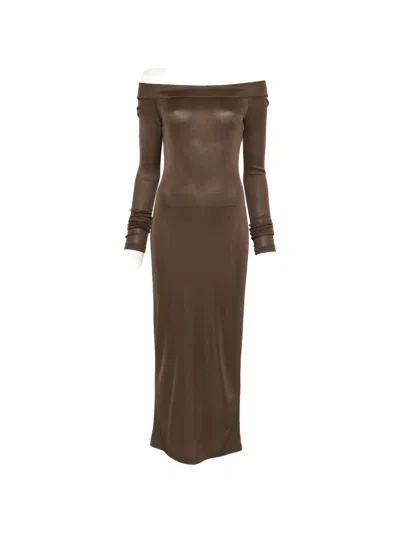 The Andamane Off-shoulder Long-sleeve Dress In Brown