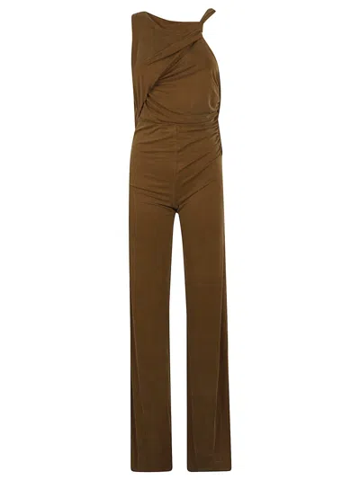 The Andamane One-shoulder Brown Jumpsuit With Draped Design In Green