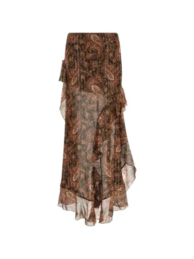 The Andamane Camelia Skirt Asymmetric Hem Paisley Ruffle In Brown