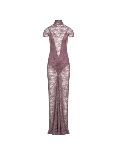 The Andamane Palma Lace Ruched Fitted Maxi Dress In Pink