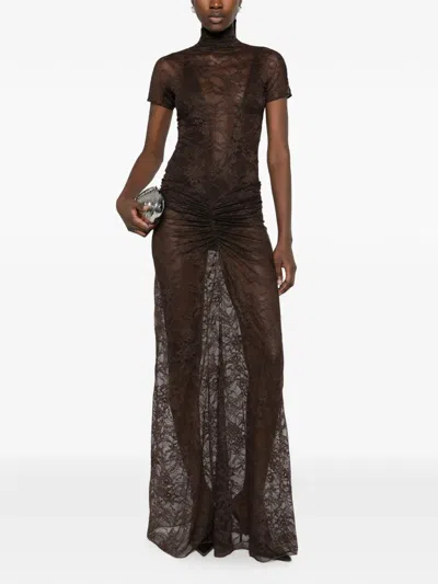 The Andamane Palma Lace Ruched Gown Maxi Dress In Brown