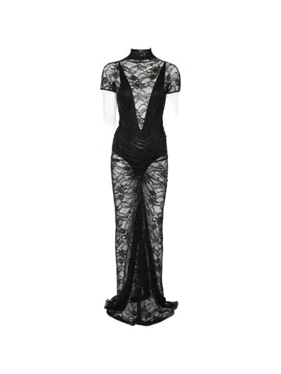 The Andamane Palma Lace-overlay Ruched-detail Maxi Dress In Black