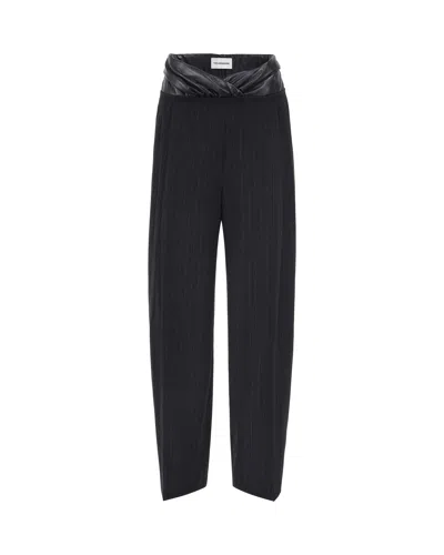 The Andamane Black Pinstripe Draped Synthetic Leather Cotton-blend Wide-leg Pants