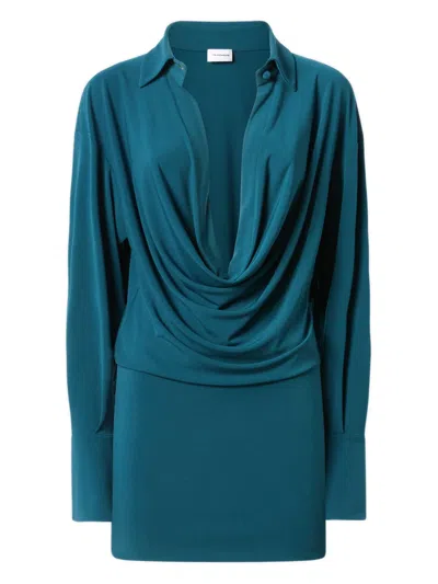 The Andamane Pointed Collar Deep V-neck Dress With Oversized Button Cuffs In Blue
