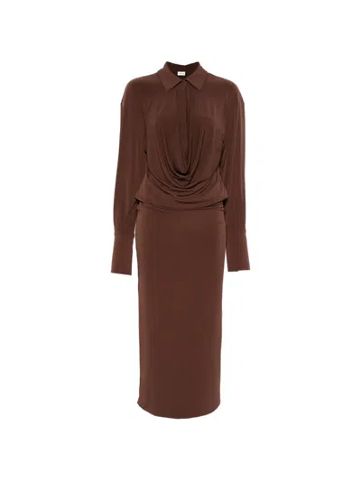 The Andamane Deep V-neck Long-sleeve Midi Dress In Brown