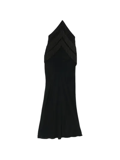 The Andamane Reina Fringe-trimmed Halterneck Dress In Black