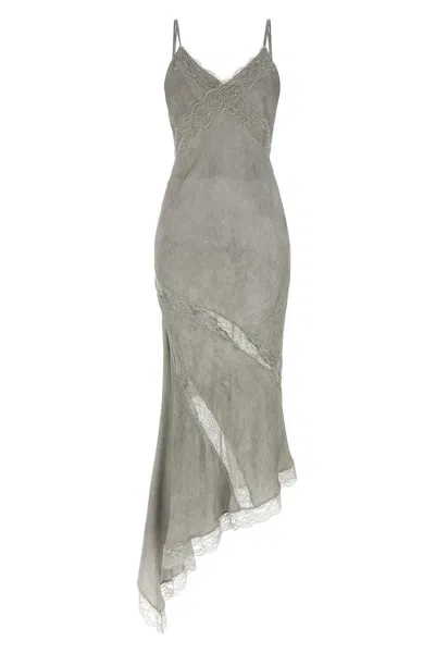The Andamane Rosetta Dress Asymmetric Hem Lace V Neckline In Gray