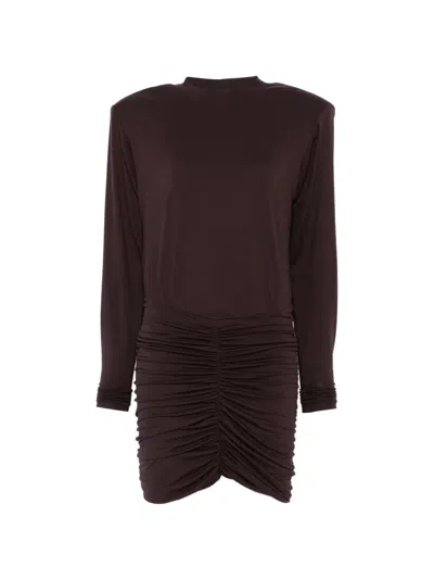 The Andamane Round Neck Ruched Short-sleeve Mini Dress With Padded Shoulders In Burgundy