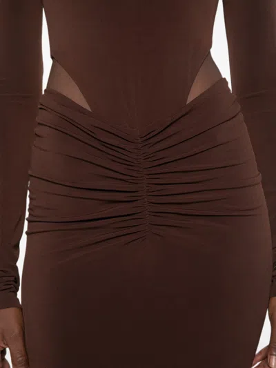The Andamane Ruched Crewneck Mini Dress With Long Sleeves And Side Cut-out Detail In Brown