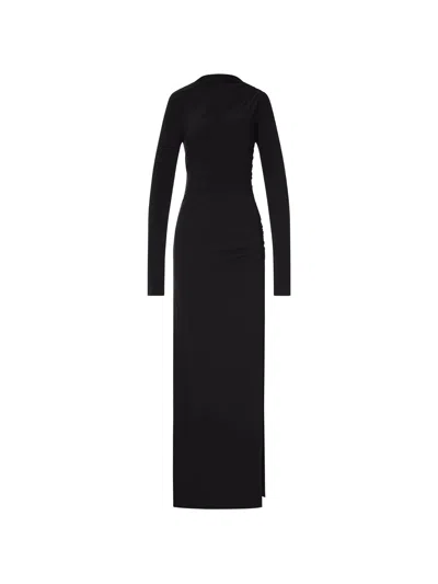 The Andamane Ruched Detail Open-back Long-sleeve Dress With Side Slit In Black