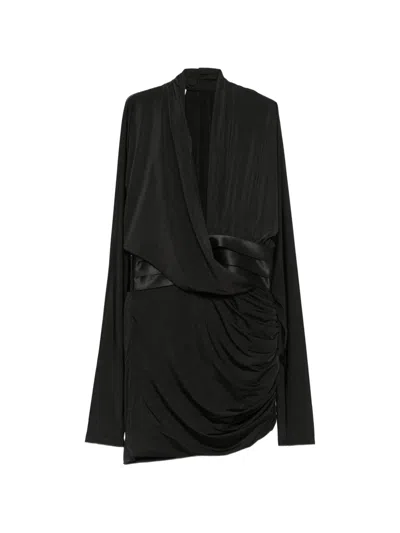 The Andamane Ruched Wrap Mini Dress In Black
