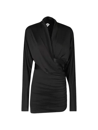 The Andamane Ruched Wrap-style Mini Dress In Black