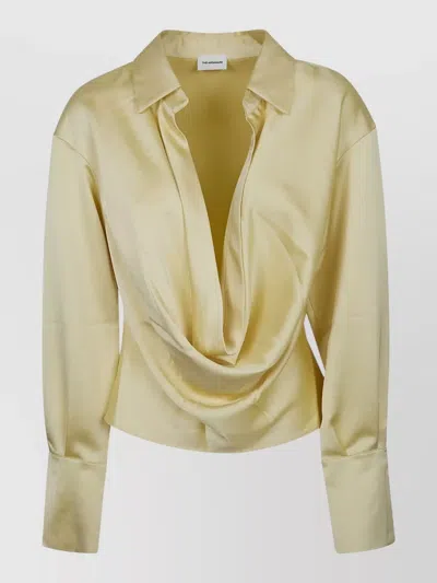 The Andamane Satin Deep V-neck Long-sleeve Blouse In Gold