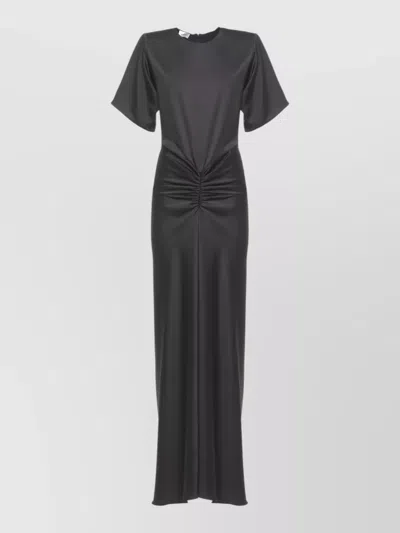 The Andamane Satin Floor Length Dress Ruched Draped Front In Black