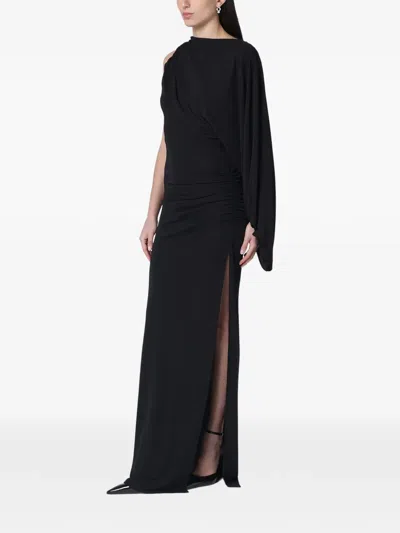 The Andamane Selene One Shoulder Asymmetric Draped Gown In Black