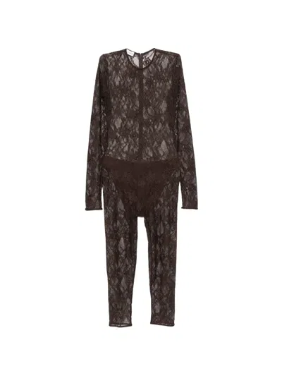 The Andamane Sheila Lace-pattern Long-sleeve Jumpsuit In Brown