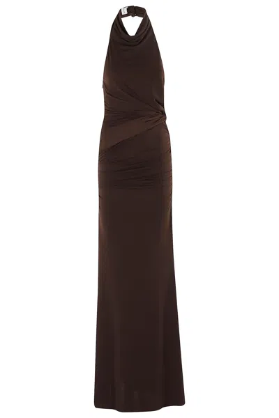 The Andamane Stella Maxi Turtleneck Open Back Maxi Dress In Brown