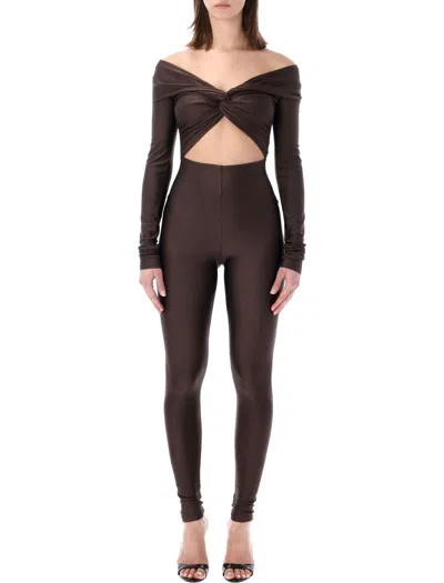 The Andamane Stretch Off-shoulder Cut-out Jumpsuit In Brown