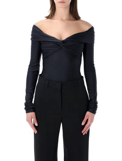 The Andamane Stretch Off-shoulder Draped Bodysuit In Black