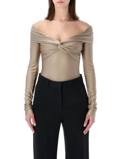 The Andamane Stretch Off-shoulder Draped Bodysuit In Metallic